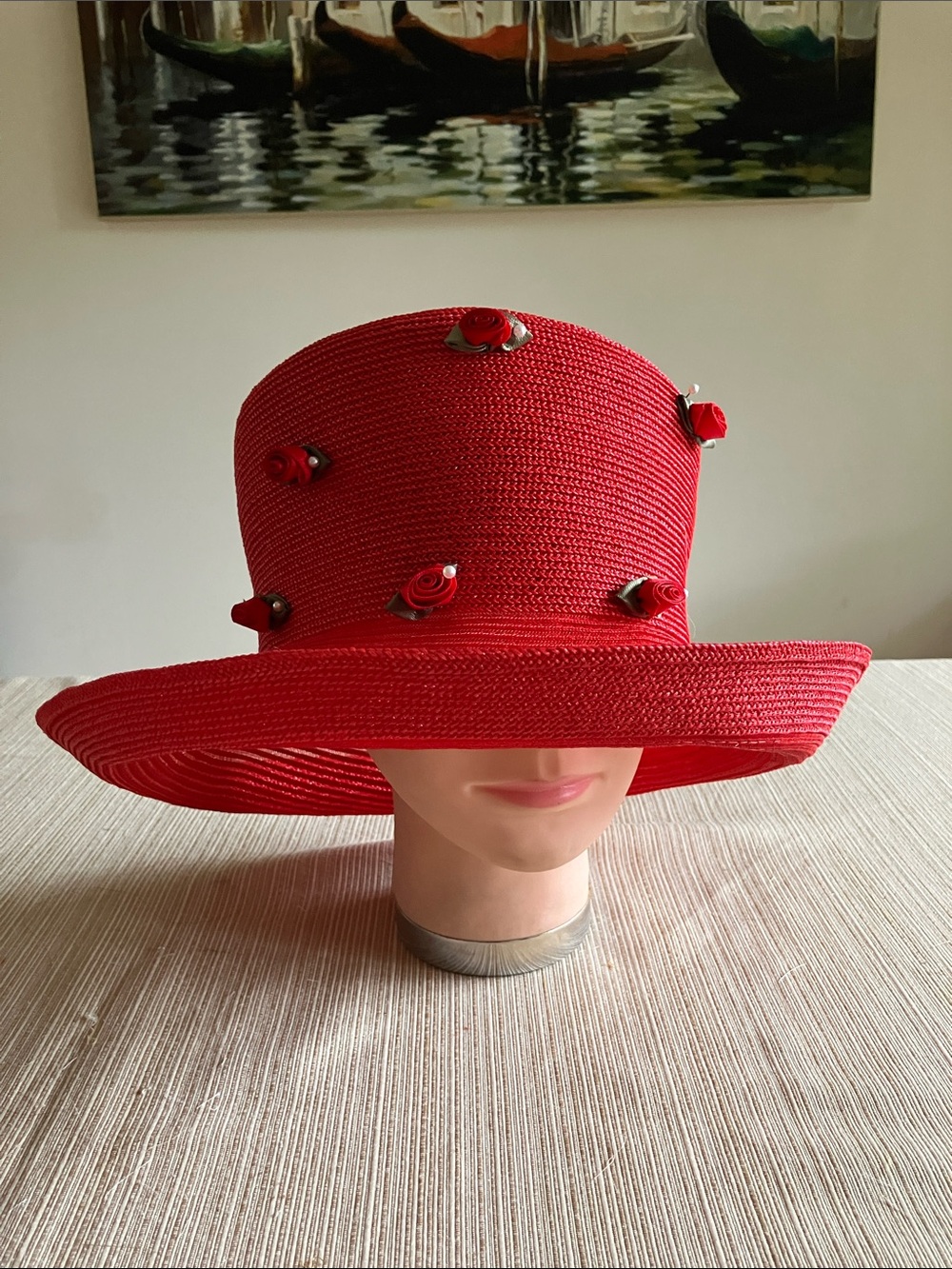 Wide-Brim Red Decorative Women's Straw Hat